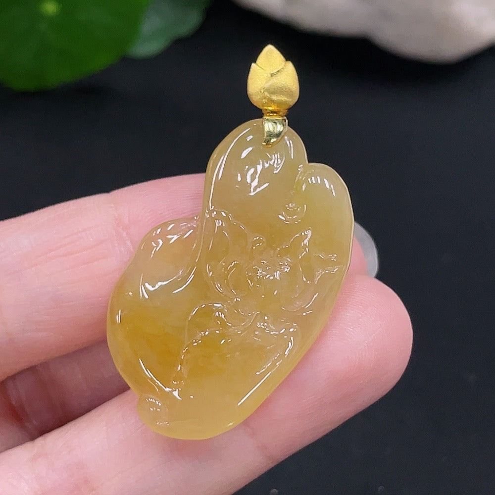 Jadeite Lotus Pendant 18K Gold Total Weight Approx. 7.5g (Color Origin Undetermined)