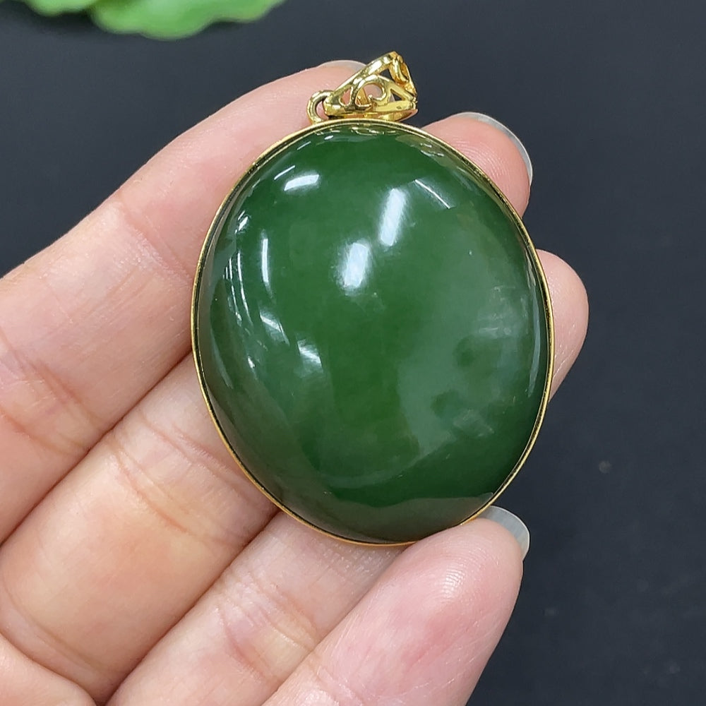 Green Hetian Jade Cabochon Pendant with 18K Gold Setting
