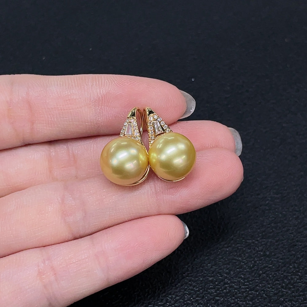 Seawater Pearl Earrings with 18k Gold, Approximately 11mm, Color Origin Undetermined, Accented with Diamonds