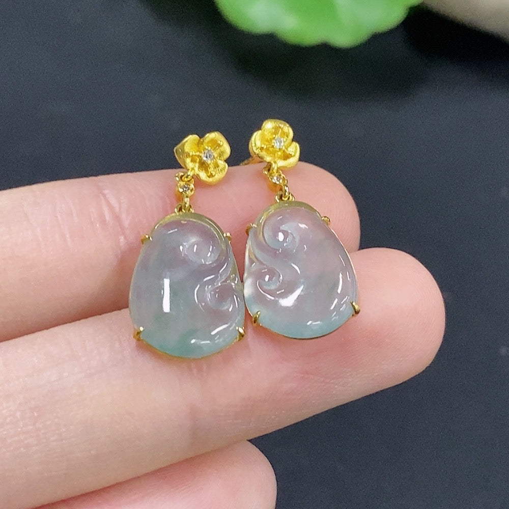 Jadeite Ruyi Inlaid Earrings 18k with Diamond Accents Total Weight Approx. 2.26g