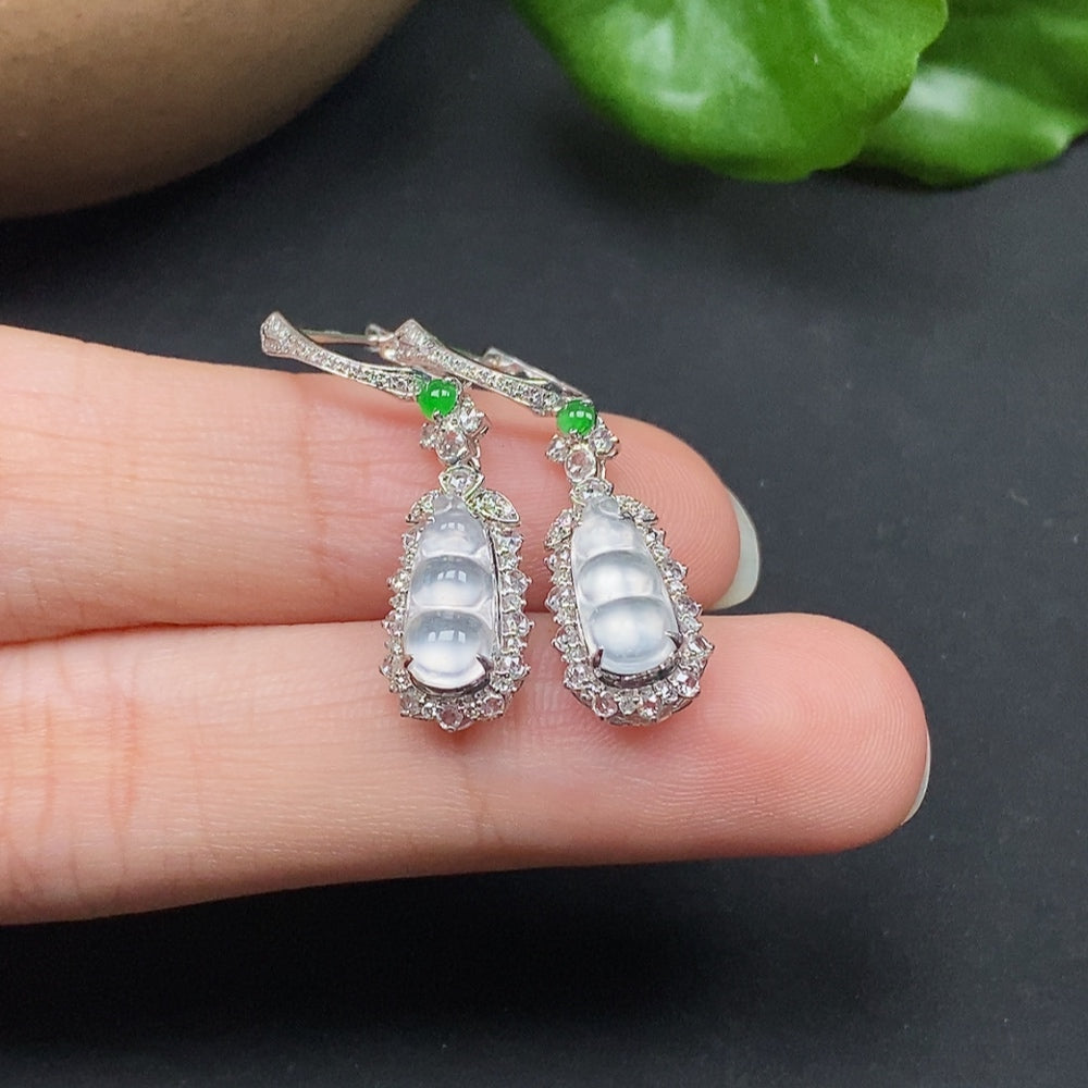 Jadeite Inlaid Earrings Gourd with Diamond Accents 18k