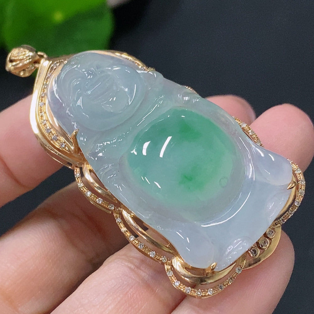 Jadeite Buddha Pendant with 18K Gold Setting, Total Weight Approx. 13.37g, Accented with Diamonds