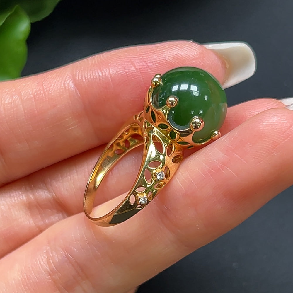 Hetian Jade Round Bead Ring with 18K Gold and Diamond Accents