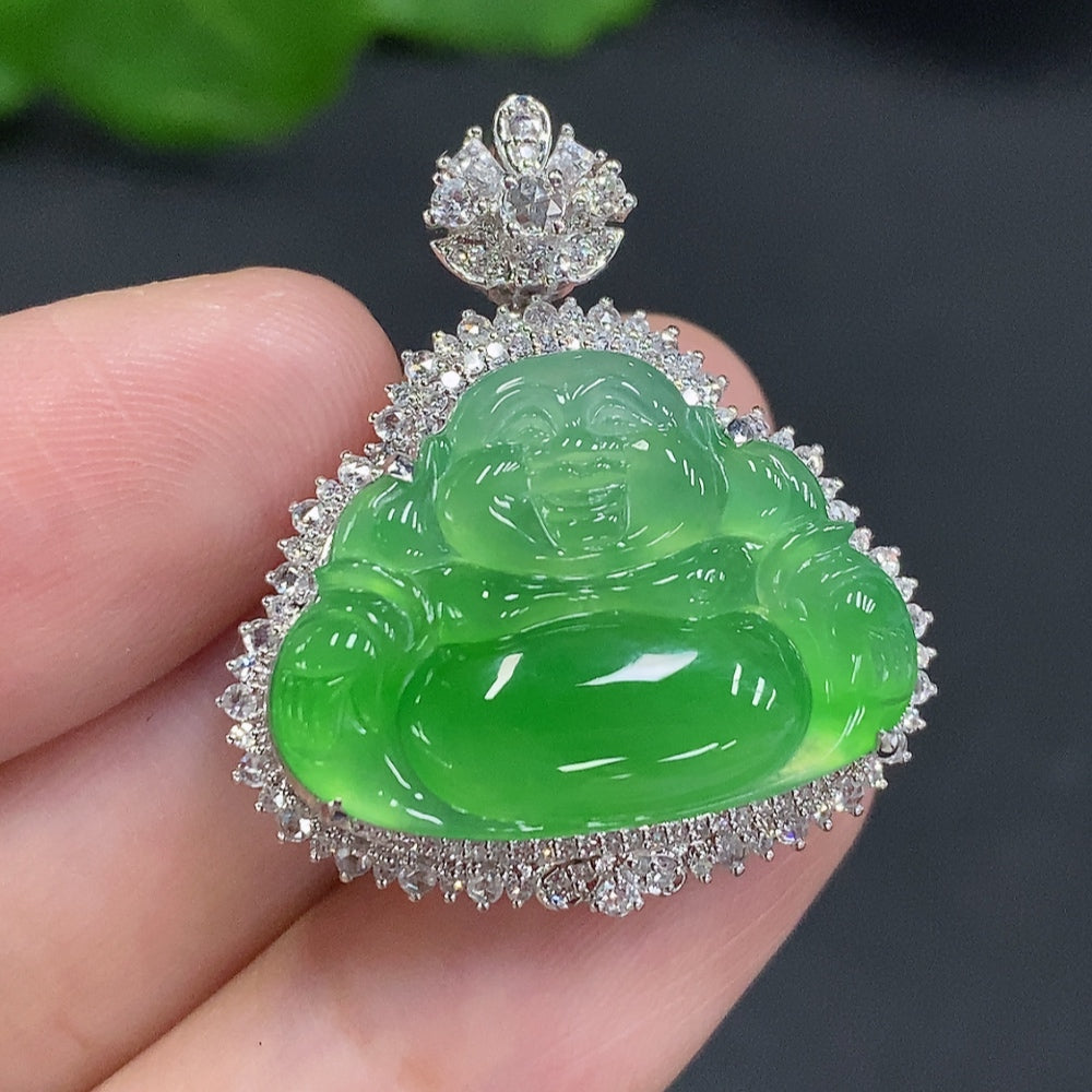 Jadeite Buddha Pendant with 18K Gold Setting, Total Weight Approx. 7.2g (Diamond Accented)