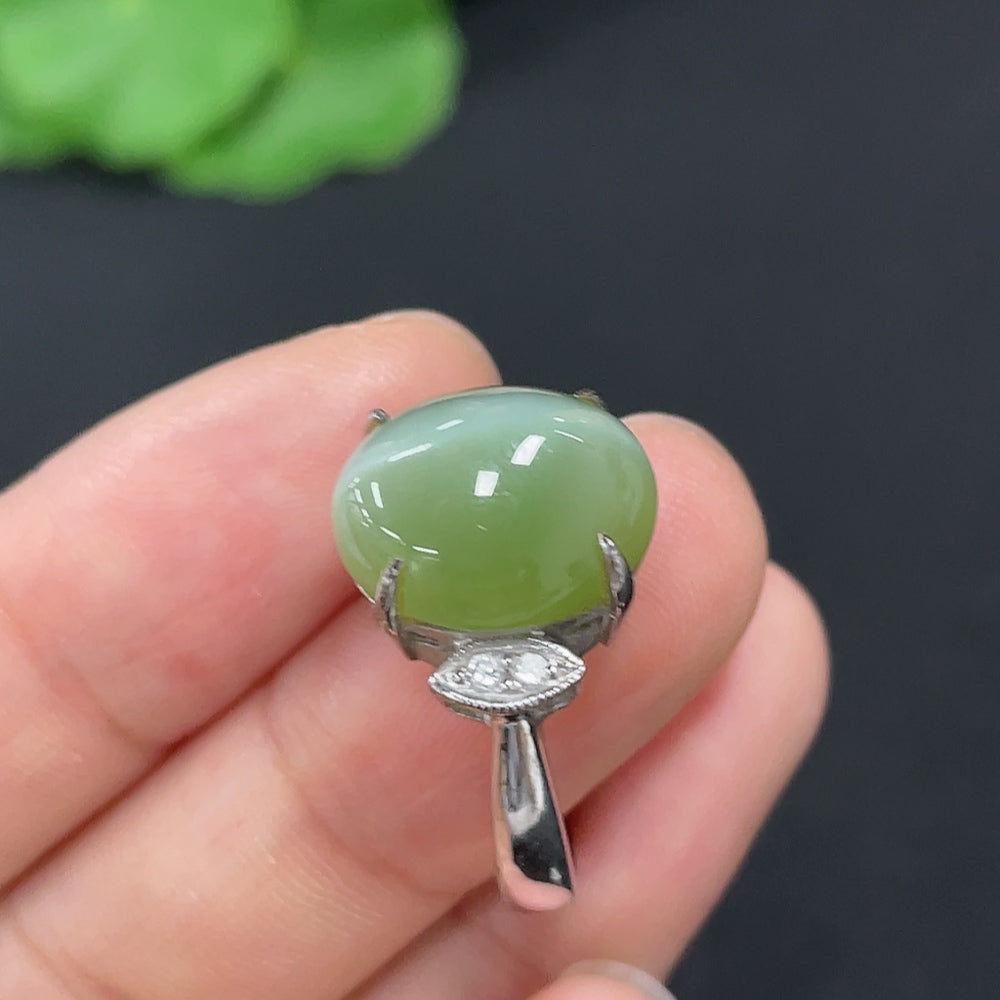 Hetian Jade Jasper Cabochon Inlaid Ring, 27% Gold Content, Accented with Diamonds