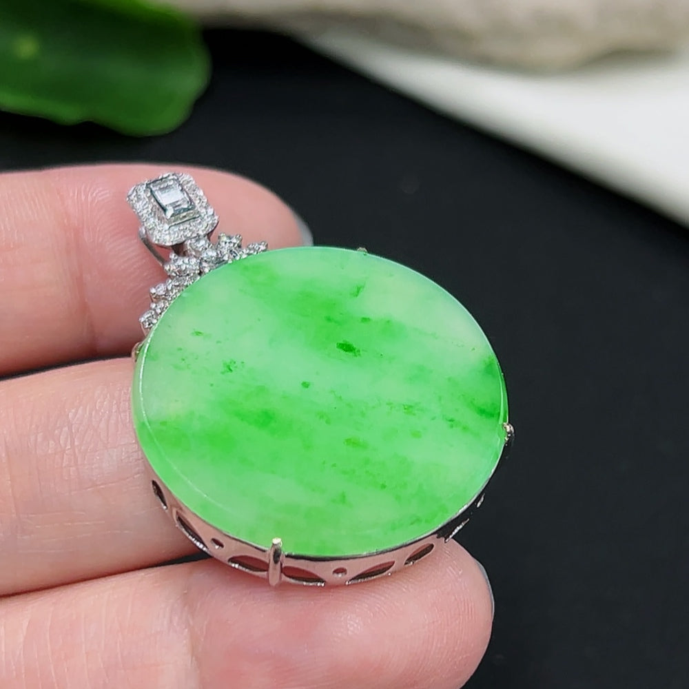 Jadeite Plain Pendant Necklace 18K Gold Setting with Diamond Accents