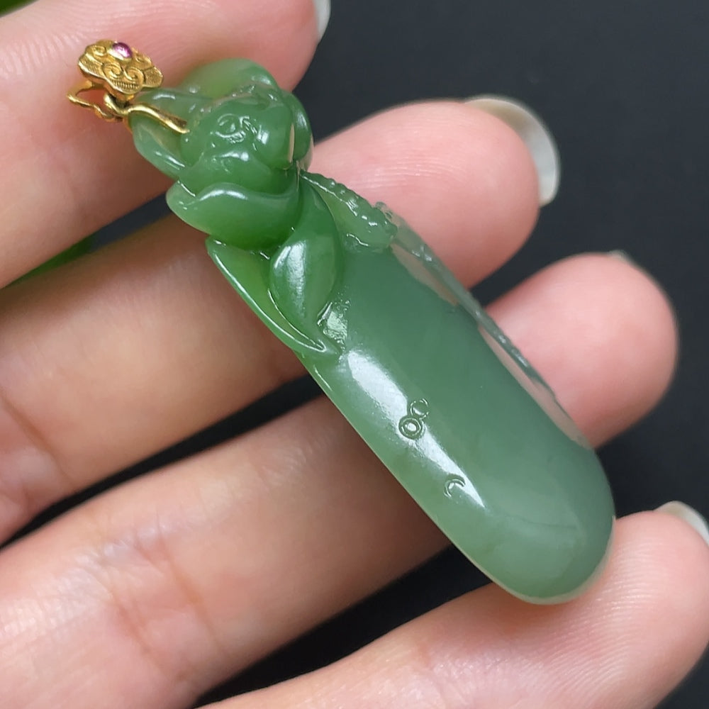 Hetian Jade Flower and Prosperity Pendant 18k Gold Total Weight Approx. 15.9g