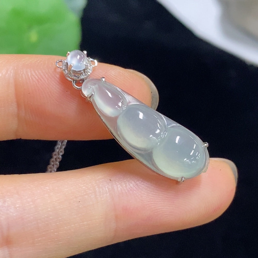 Jadeite Auspicious Bean Pendant with 18K Gold and Diamond Accents, Total Weight Approx. 2.78g (Including Chain)