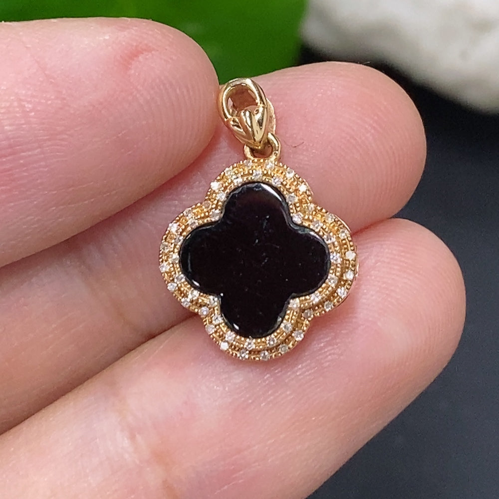 Jadeite Inlay Pendant 18K Gold Total Weight Approx. 1.4g (with Diamond Accents)