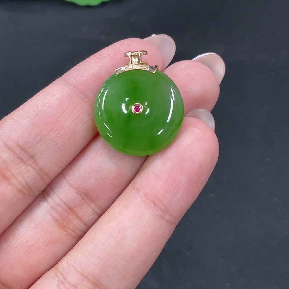 Hetian Jade Inlaid Pendant Peace Buckle Total Weight Approx.5.6g 18k Set with Colorless Diamonds