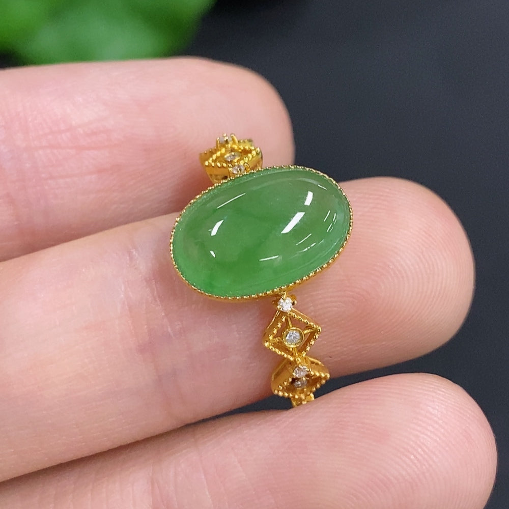 Jadeite Cabochon Solitaire Ring 18K Gold (With Diamond Accents)