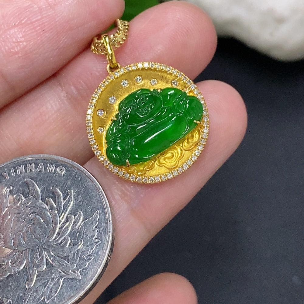 Jadeite Buddha pendant set in 18K gold with diamond accents, includes chain, weighing approximately 5.8 grams.
