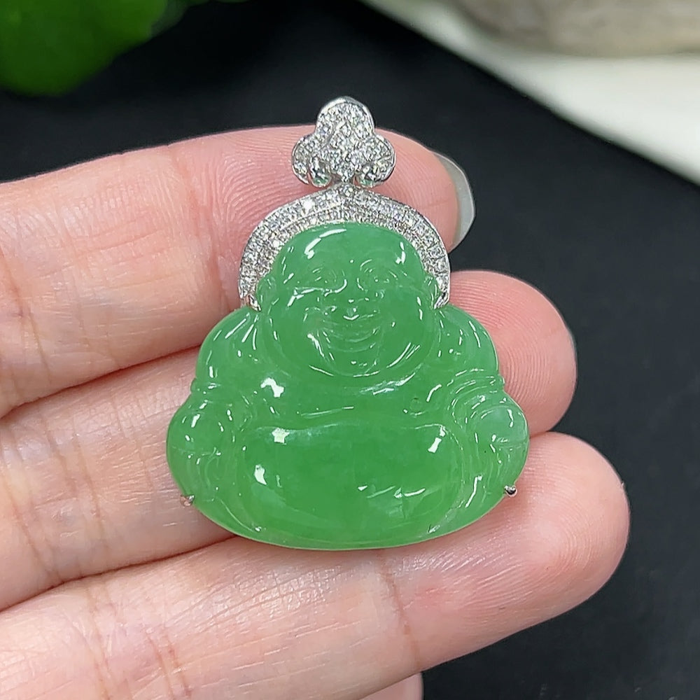 Jadeite Buddha Pendant Set in 18K Gold (with Diamond Accents)