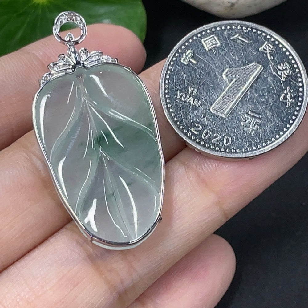 Jadeite Pendant Leaf with 18K Gold and Diamond Accents, Total Weight Approx. 4.45g