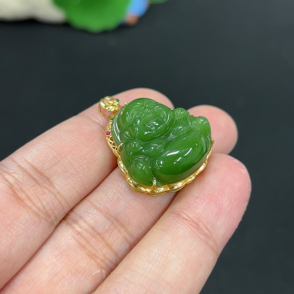 Hetian Jade Inlaid Pendant Buddha Total Weight Approx.6g 18k