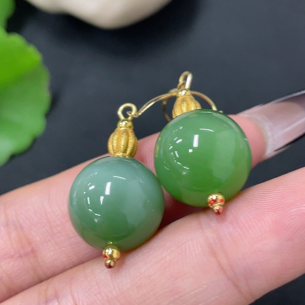 Hetian Jade Inlaid Earrings (Marked in Red + String Non-Gold, Rest 18k Gold, Card 14mm Approx., Total Weight Approx. 9.6g)
