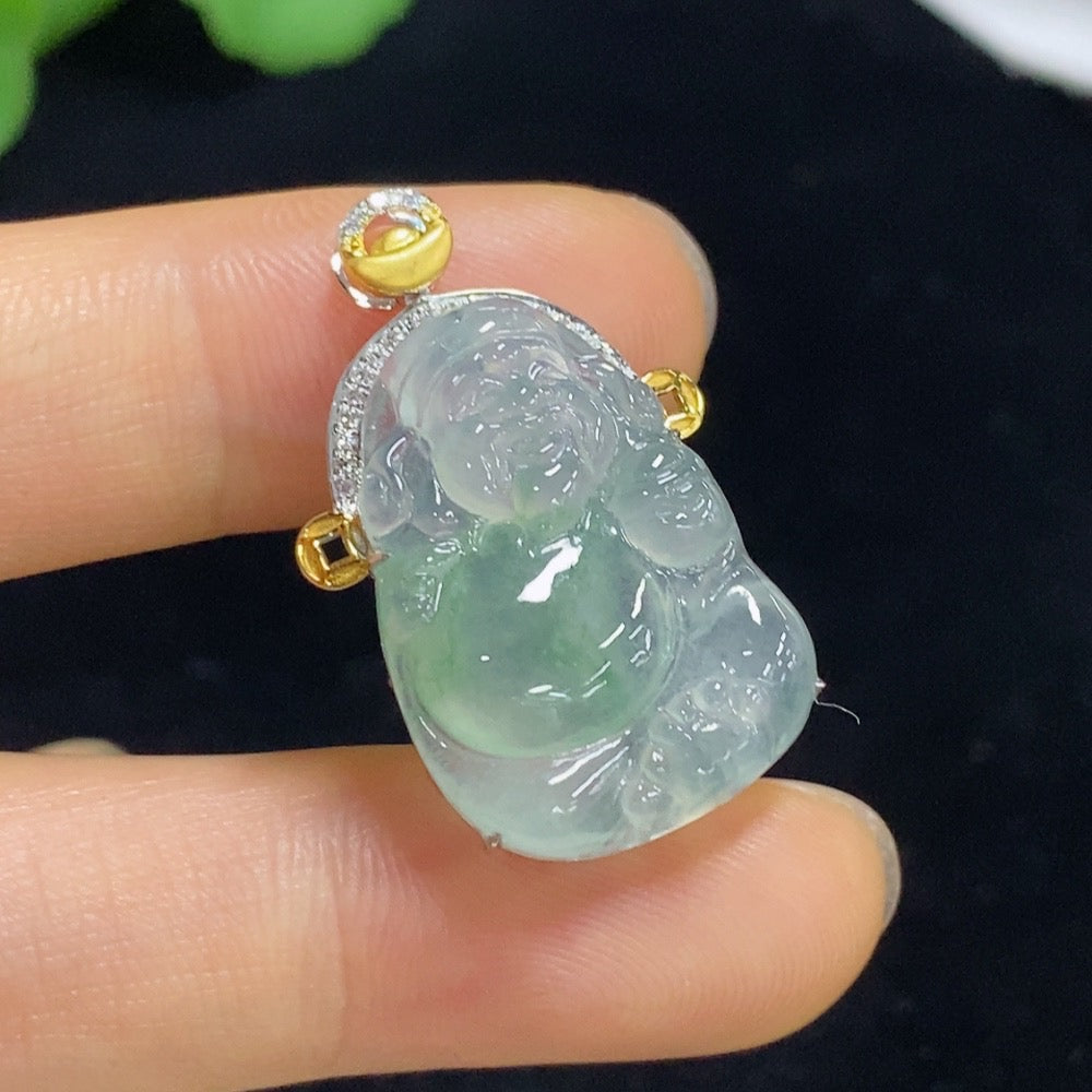 Jadeite Maitreya Inlaid Pendant 18k with Diamond, Total Weight Approx. 4.46g