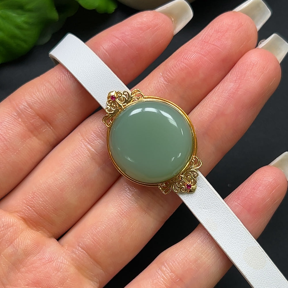 Hetian Jade Cabochon Bracelet 18K Gold with Leather Wristband