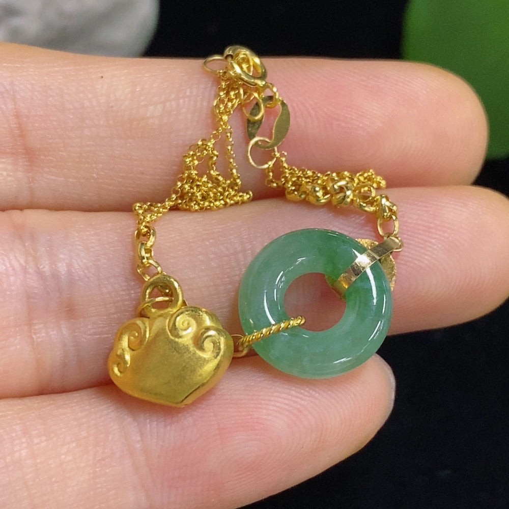 Jadeite Donut Pendant Marked Red AU99% with 18K Gold Total Weight Approx. 2.53g (Including Chain)
