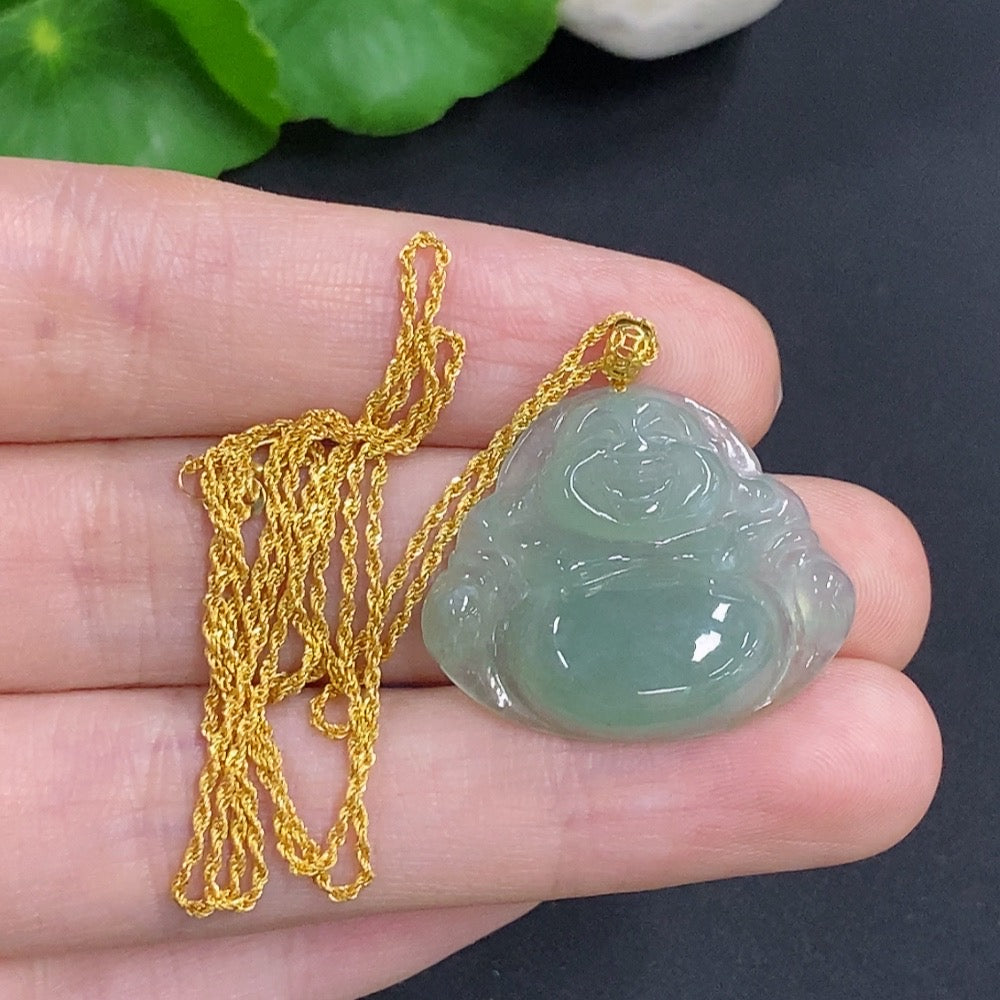 Jadeite Buddha Pendant with 18k Gold, Total Weight Approx. 5.2g (Including Chain)
