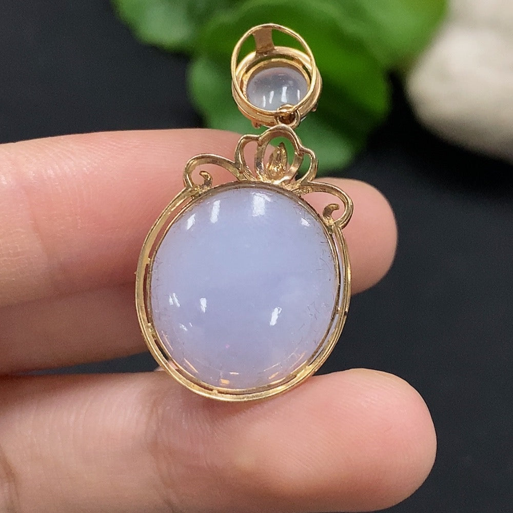 Jadeite Cabochon Pendant Set in 18K Gold with Diamond Accents, Total Weight Approximately 7.2g