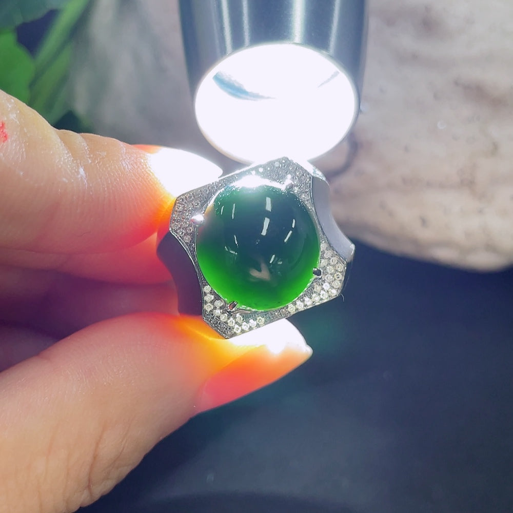 Elegant HKHQ jadeite ring with 18k gold and diamond accent, size 15, showcasing smooth green jade and sparkling details.