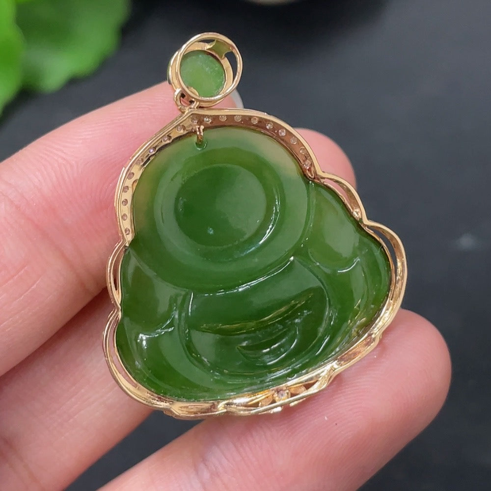 Hetian Jade Buddha pendant in 18K gold with diamond accents, featuring intricate craftsmanship and a polished finish.