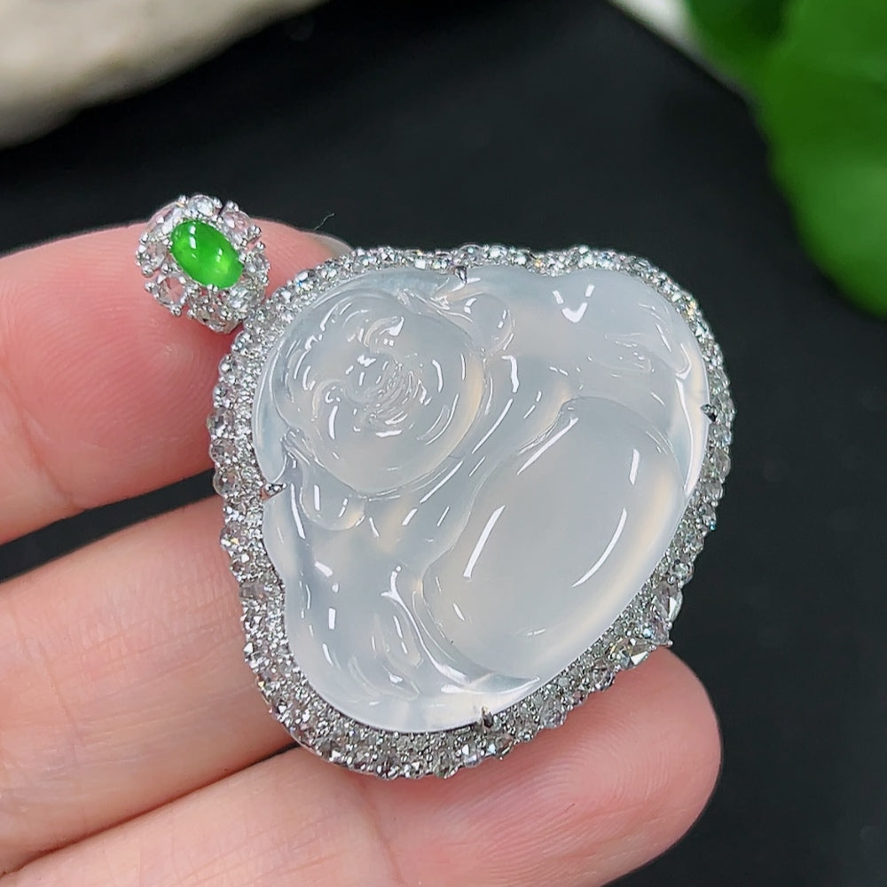 Jadeite Buddha Pendant with 18K Gold Mount, Total Weight Approx. 11.2g (Diamond Accented)