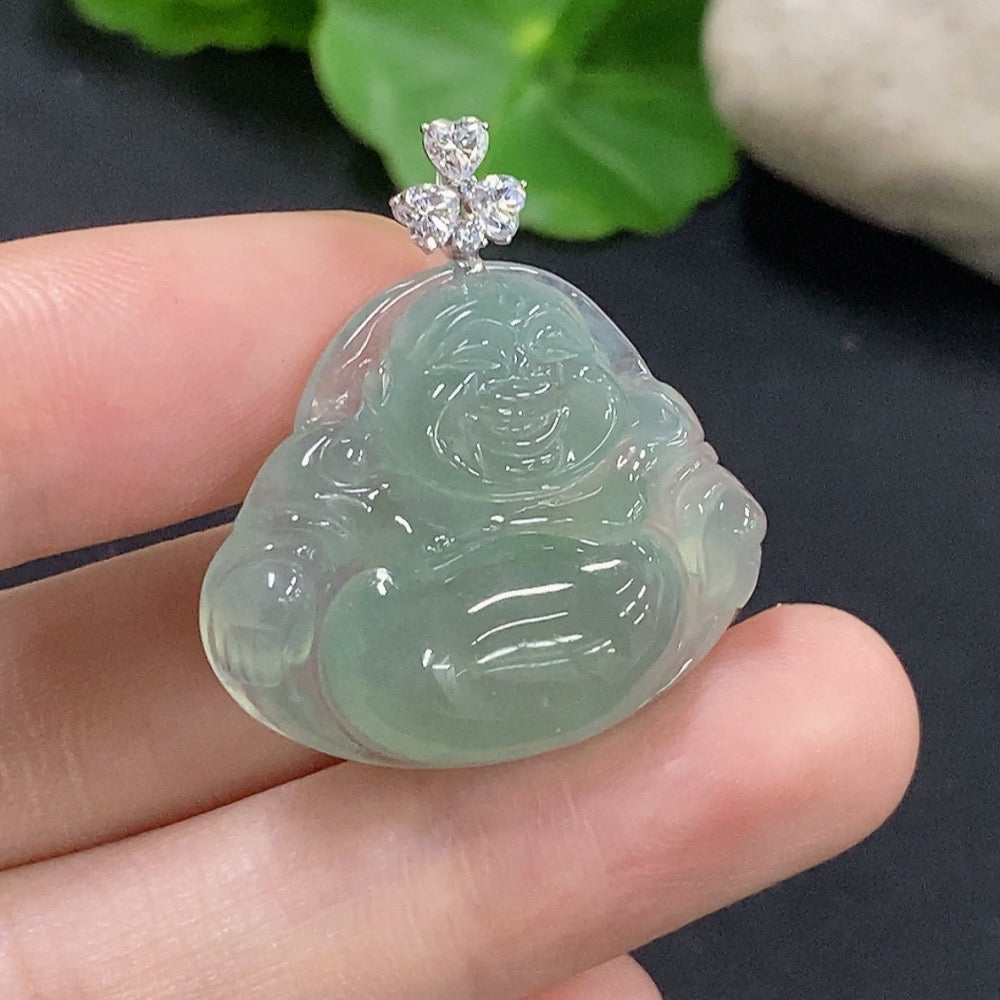 Jadeite Buddha pendant necklace in 18K gold from HKHQ, featuring a detailed Buddha figure on a sleek gold chain.