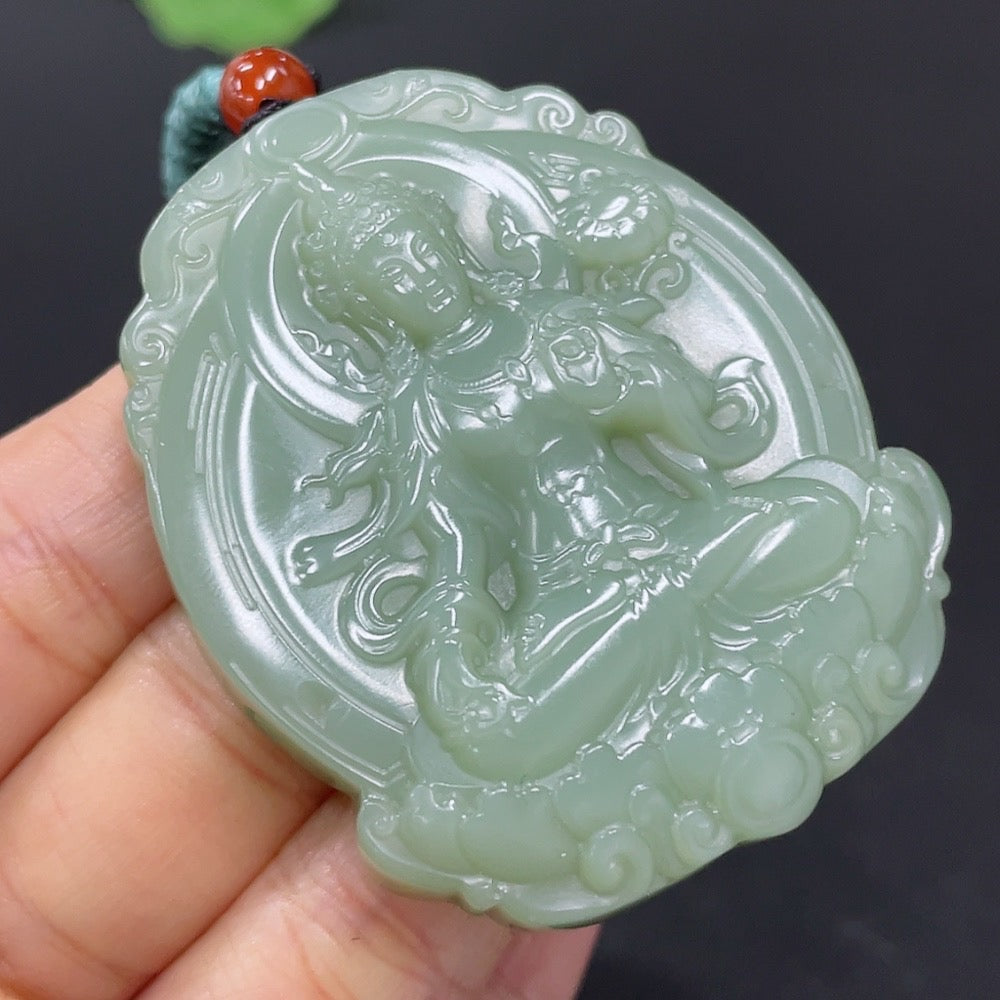 HKHQ Hetian Jade Guanyin Pendant with Rope, weighs approximately 52.5g, featuring intricate craftsmanship and smooth jade surface.