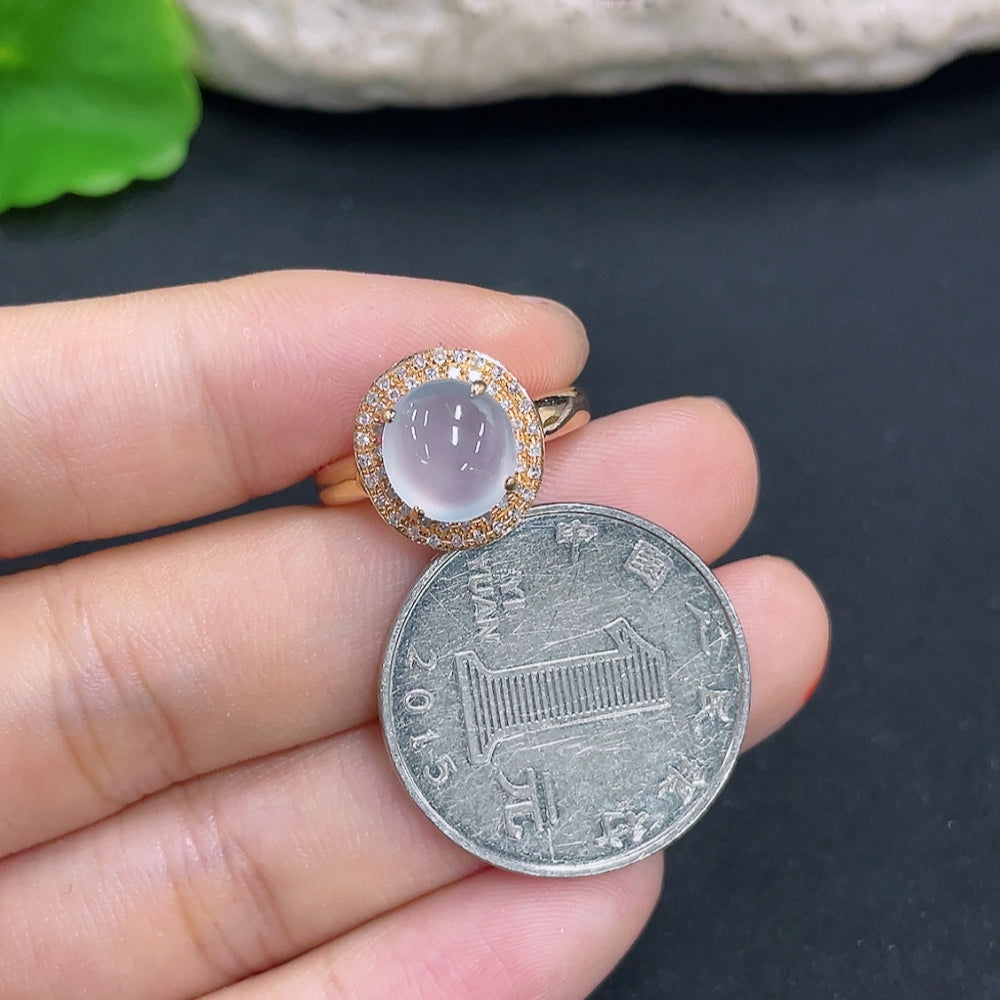 Jadeite ring with 18k gold and diamond side stones, size 14, crafted by HKHQ, showcasing the detailed jade gemstone and elegant design.