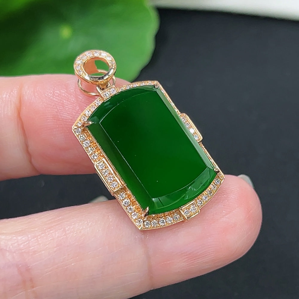 Jadeite plain pendant with 18k diamond accents, crafted by HKHQ, shown in close-up highlighting the smooth jade surface and sparkling diamonds.