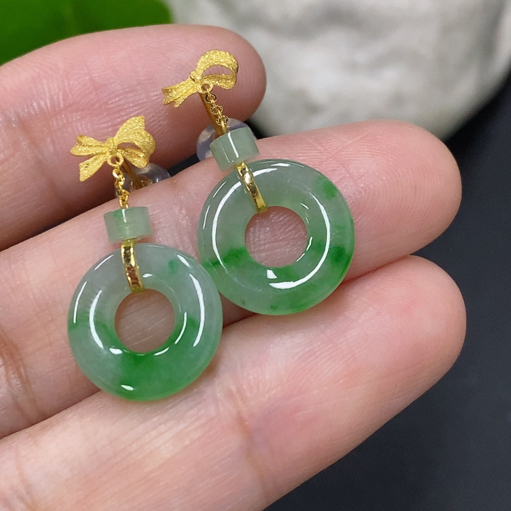 Jadeite Inlaid Earrings 18K Gold Total Weight Approximately 2g Without Ear Backs