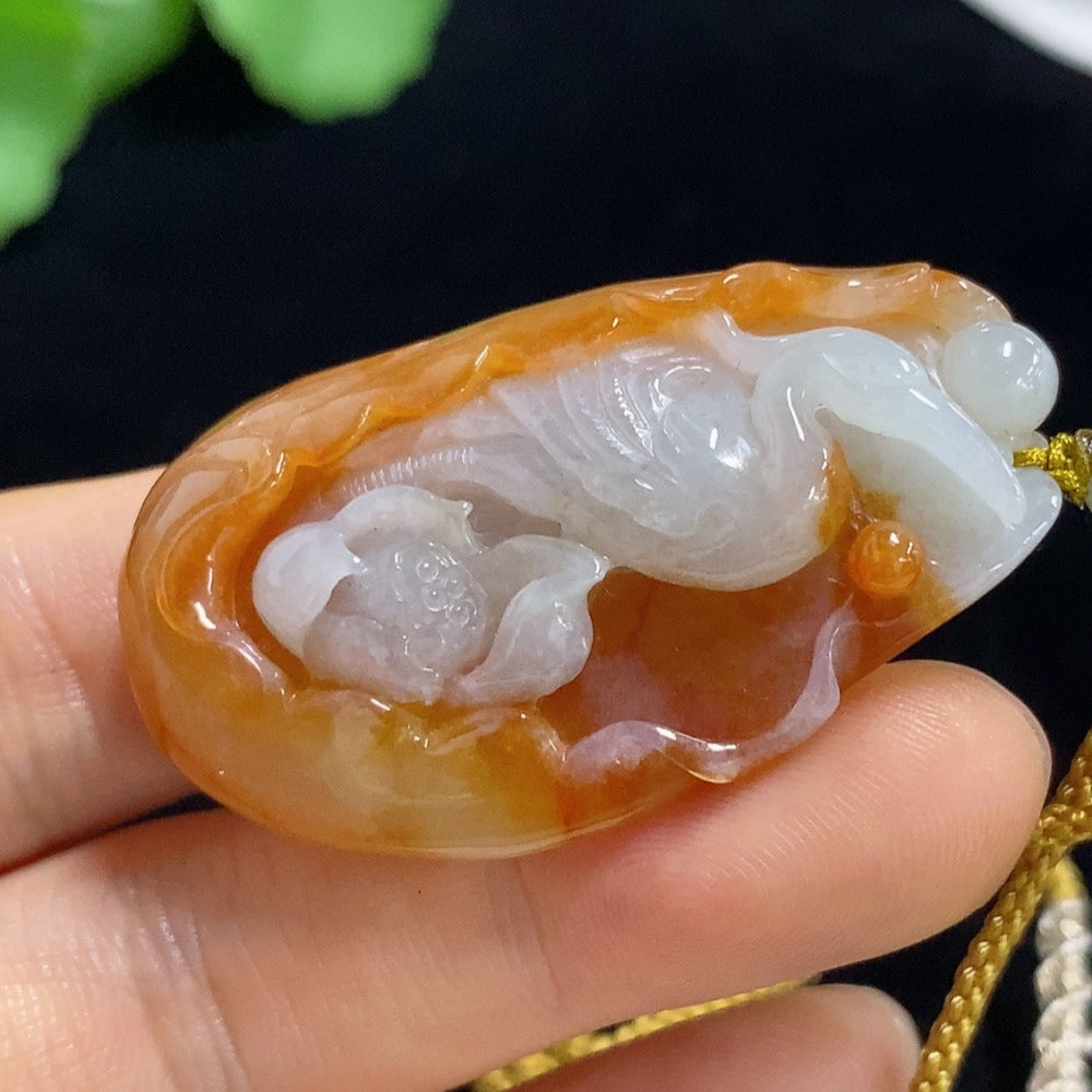 Jadeite Crane Pendant Total Weight Approx. 24.75g (including rope weight) with non-A grade beads
