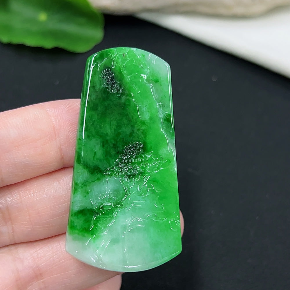 Jadeite landscape pendant necklace by HKHQ featuring a detailed stone with mineral inclusions, weighs approximately 15.19g.