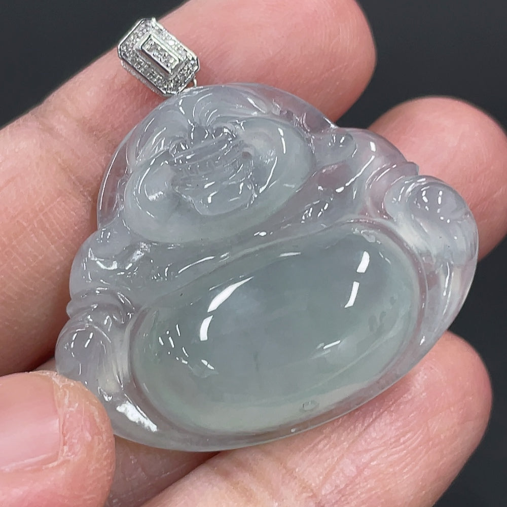Jadeite Buddha pendant with 18k gold clasp and diamond accents, weight approx. 7.1g, showcasing detailed jade craftsmanship.