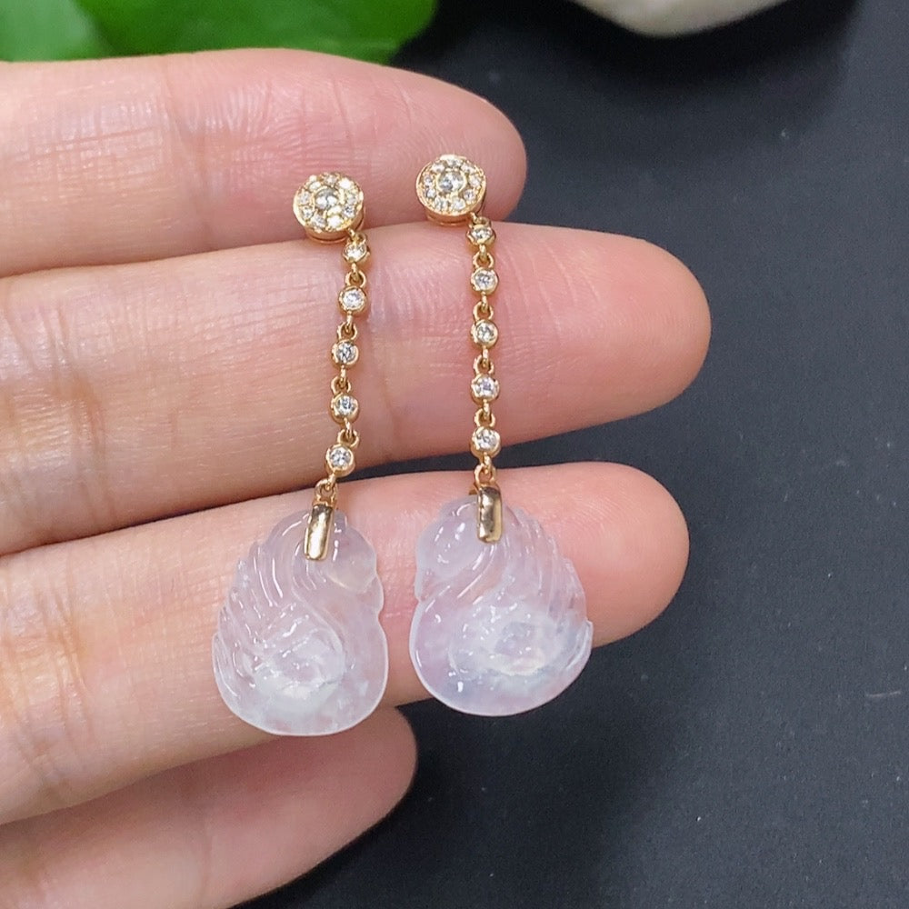 Jadeite Swan inlaid earrings with 18k gold and diamond accents, featuring intricate craftsmanship and elegant design.