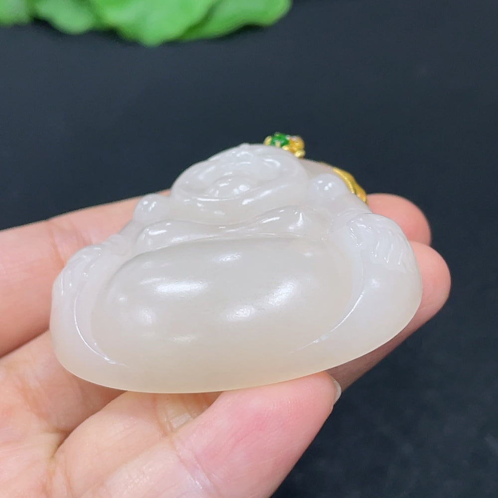 Hetian Jade Pendant, Buddha, 18K Gold Clasp, Total Weight Approx. 39.8g, Non-Hetian Jade Beads, Diamond Accents