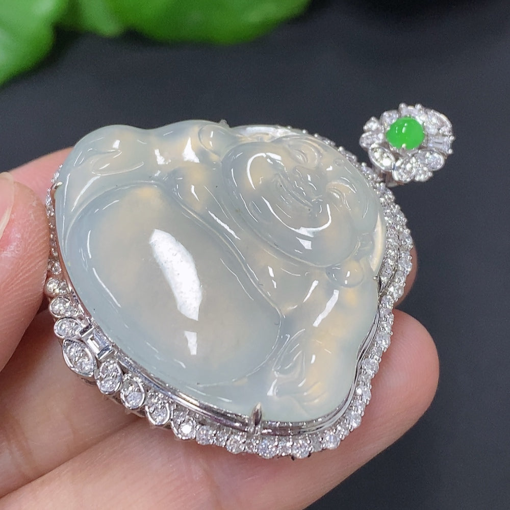 Jadeite Buddha Pendant Set in 18K Gold, Total Weight Approx. 18.2g (with Diamond Accents)