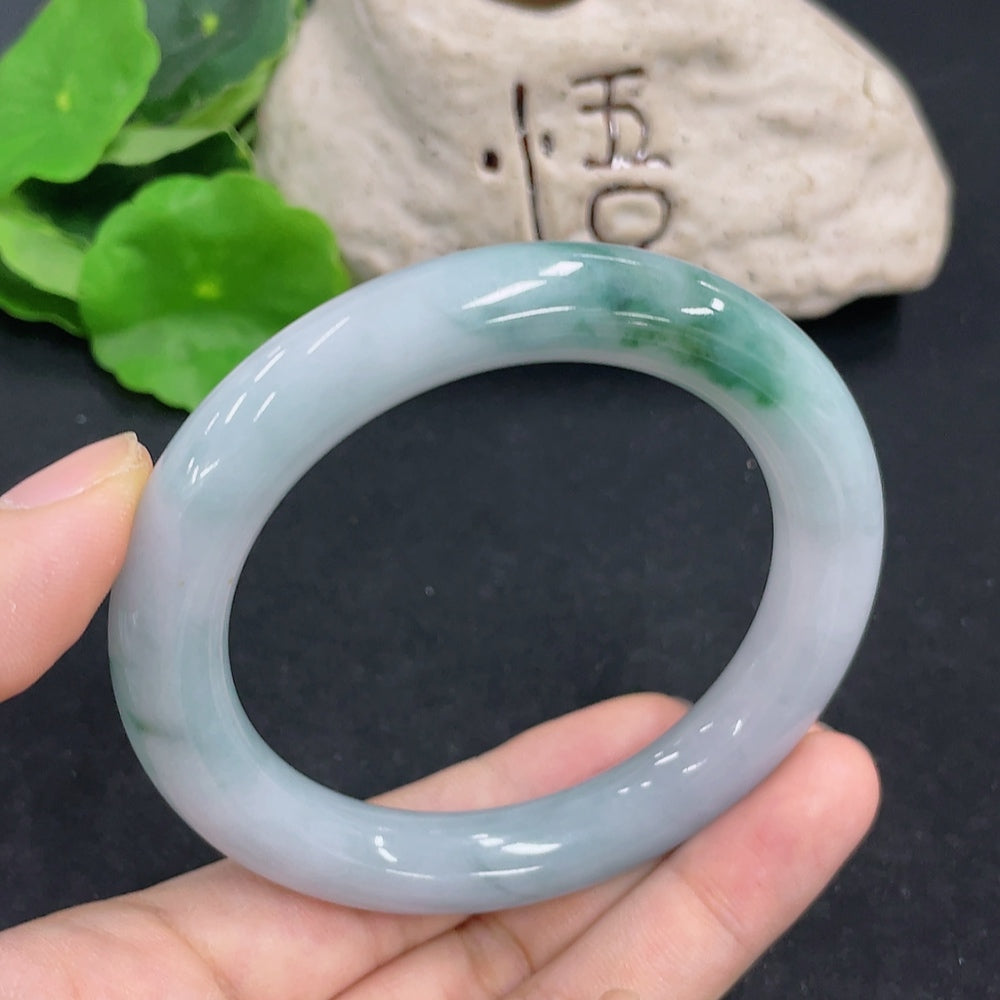 Hong Kong HKHQ jadeite round bangle, 65.9g weight, size 57.4mm, smooth green jade jewelry bracelet.