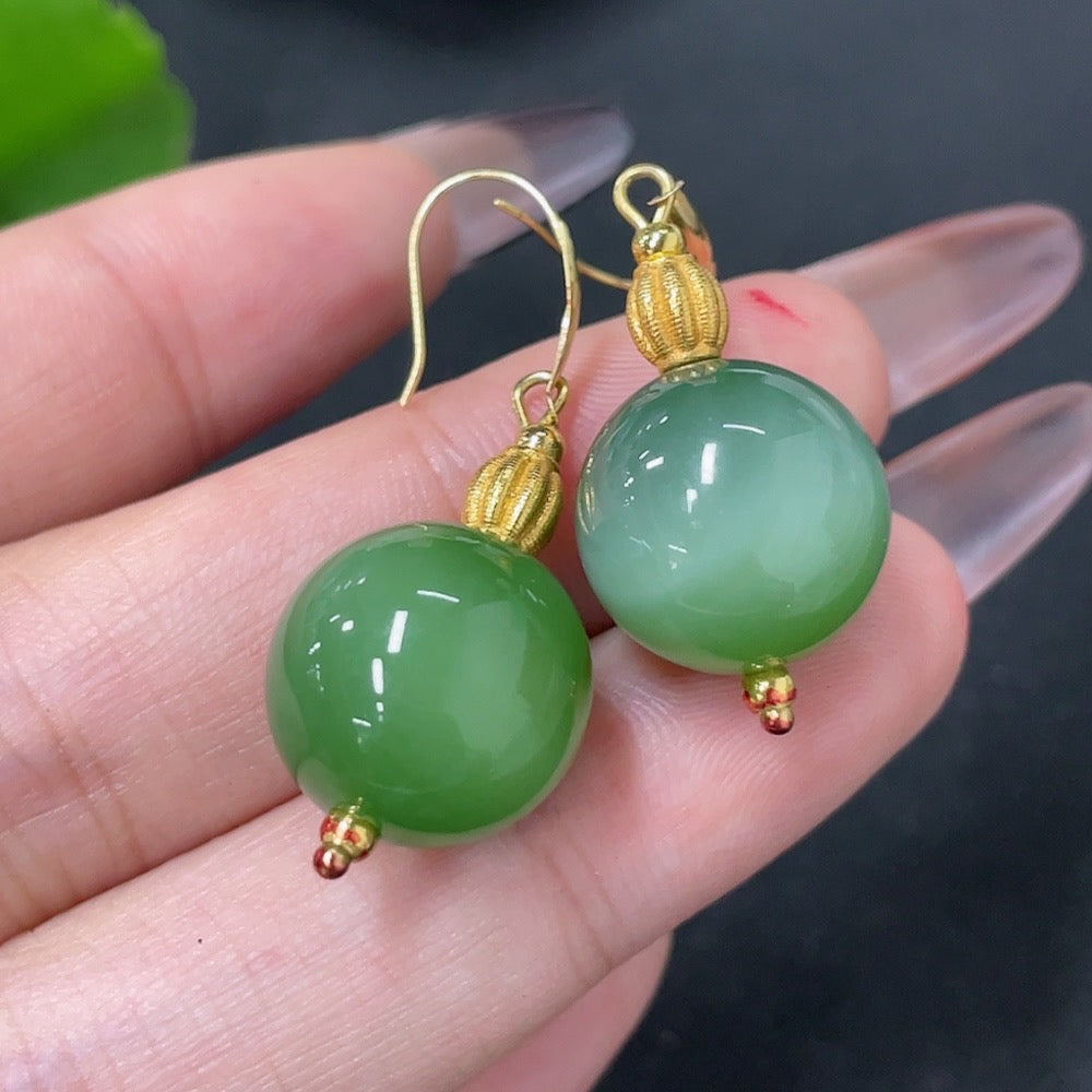 Hetian Jade Inlaid Earrings (Marked in Red + String Non-Gold, Rest 18k Gold, Card 14mm Approx., Total Weight Approx. 9.6g)