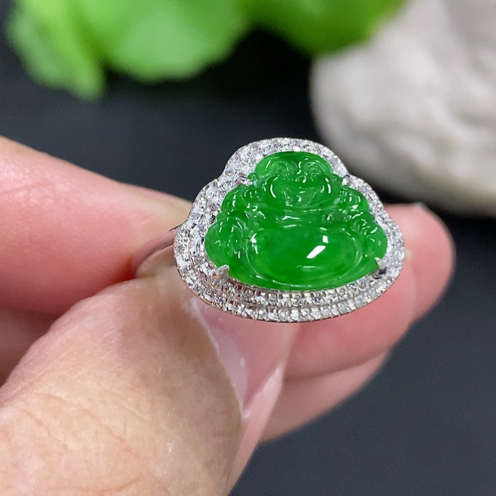 Jadeite Buddha ring with 18k gold inlay and diamonds, size 14, HKHQ jewelry, detailed close-up of intricate design.