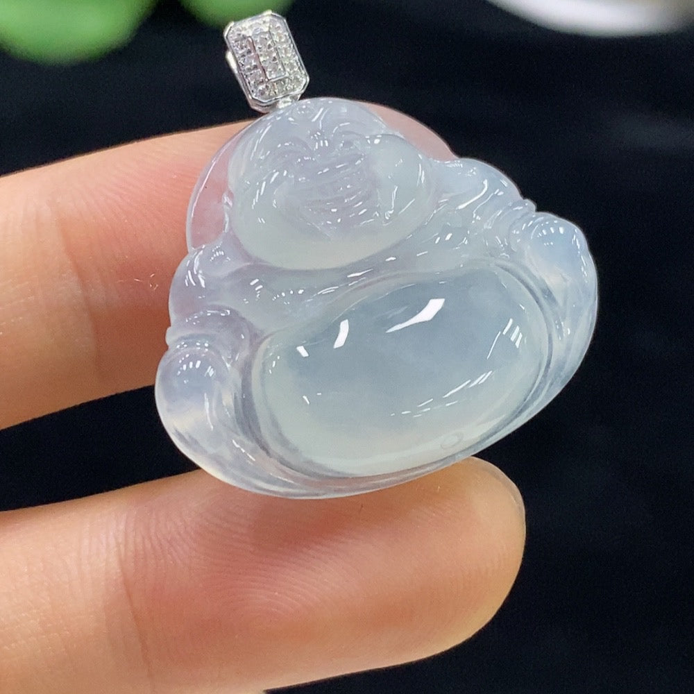 Jadeite Buddha Pendant with 18K Gold and Diamond Accents, Total Weight Approximately 6.05g