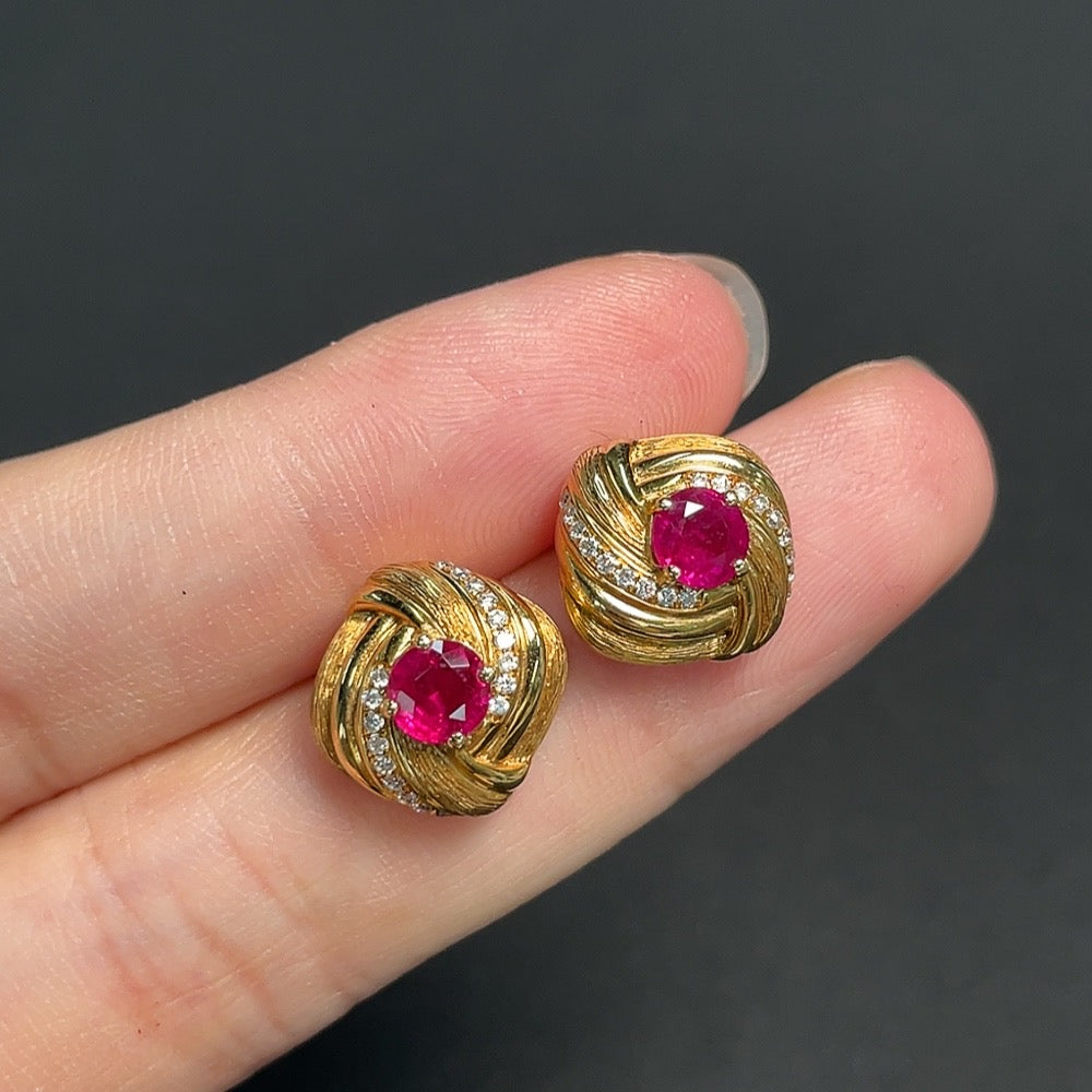 Ruby Stud Earrings, 18K Gold, Total Weight Approx. 4.30g, Filled, Accented with Diamonds