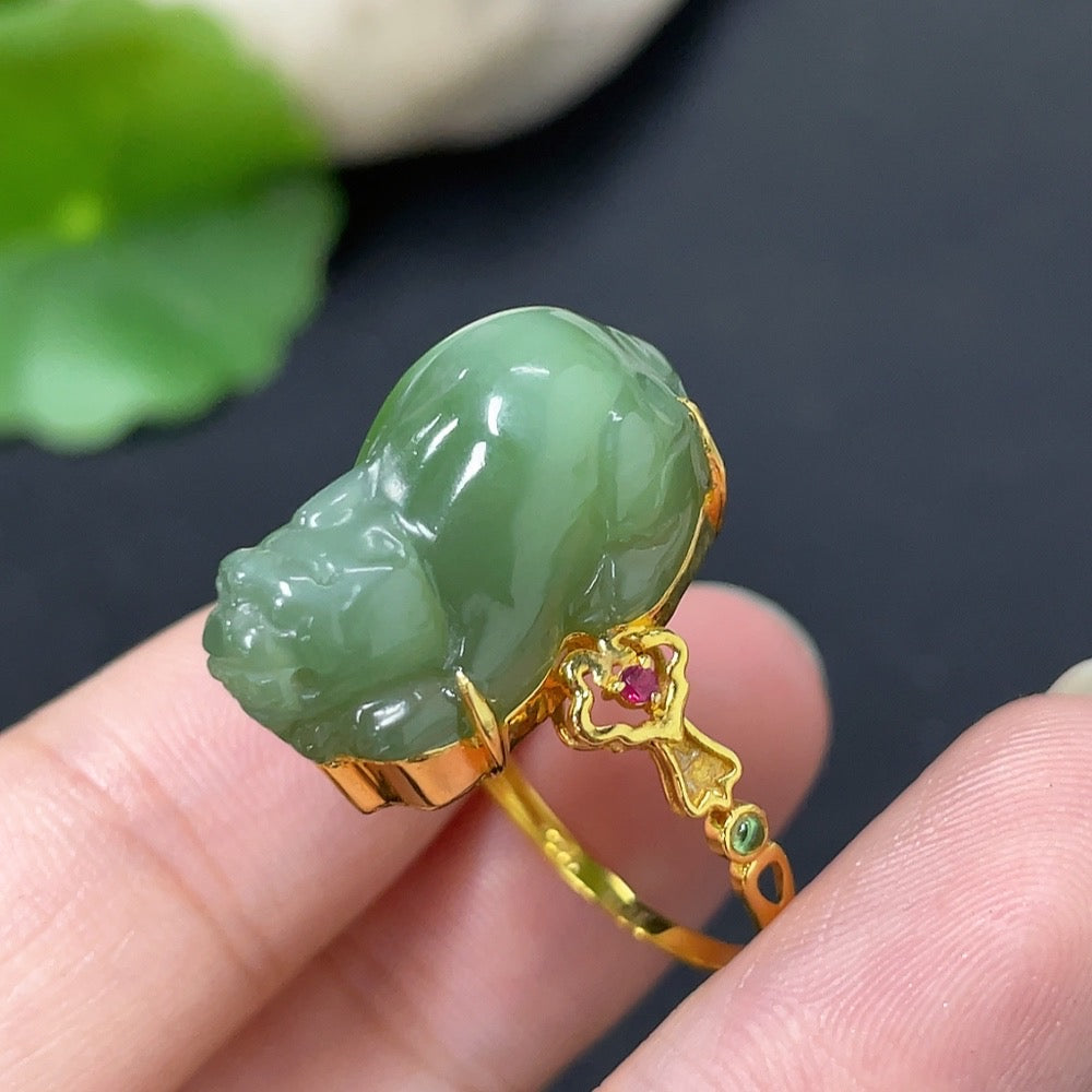 Hetian Jade Inlaid Ring with 18k Gold