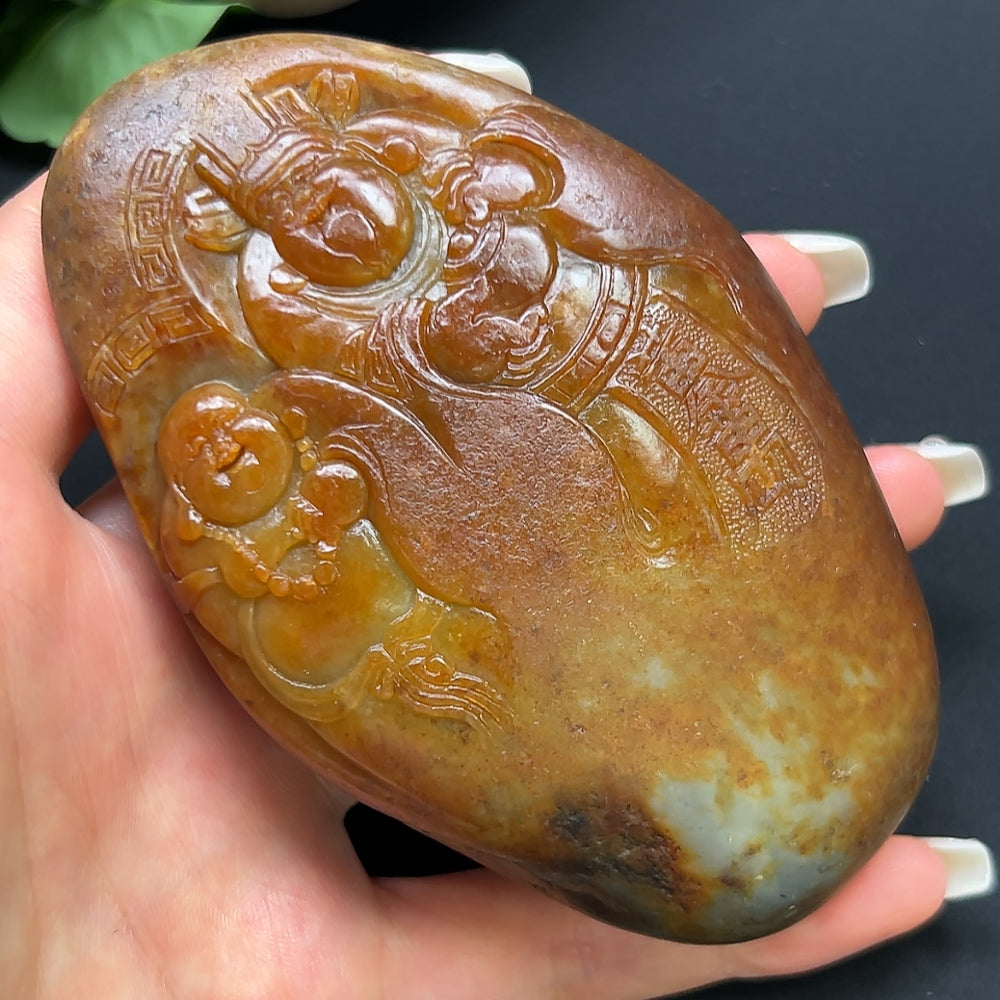 Hetian Jade Double Blessings Handheld Piece, color origin undetermined, contains other mineral components