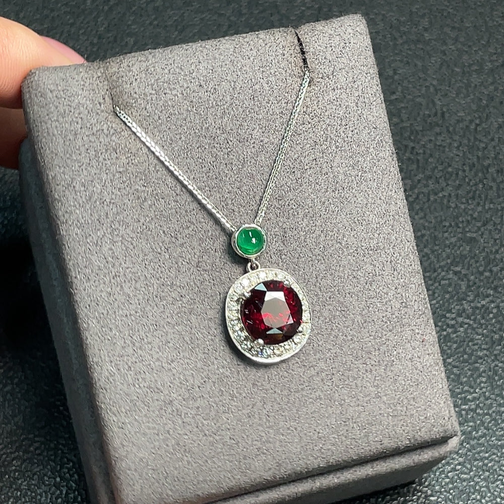 Garnet Pendant with Clarity-Enhanced Emerald and Diamond Accents in 18K Gold, Total Weight Approx. 5.73g Including Chain