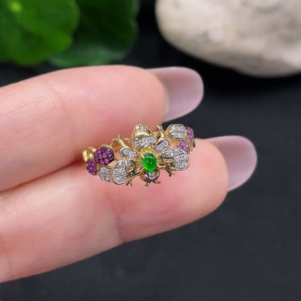 Jadeite Inlaid Ring Size 12 71% Gold Content Total Weight Approx. 2.4g (Inlaid with Colorless Diamonds)