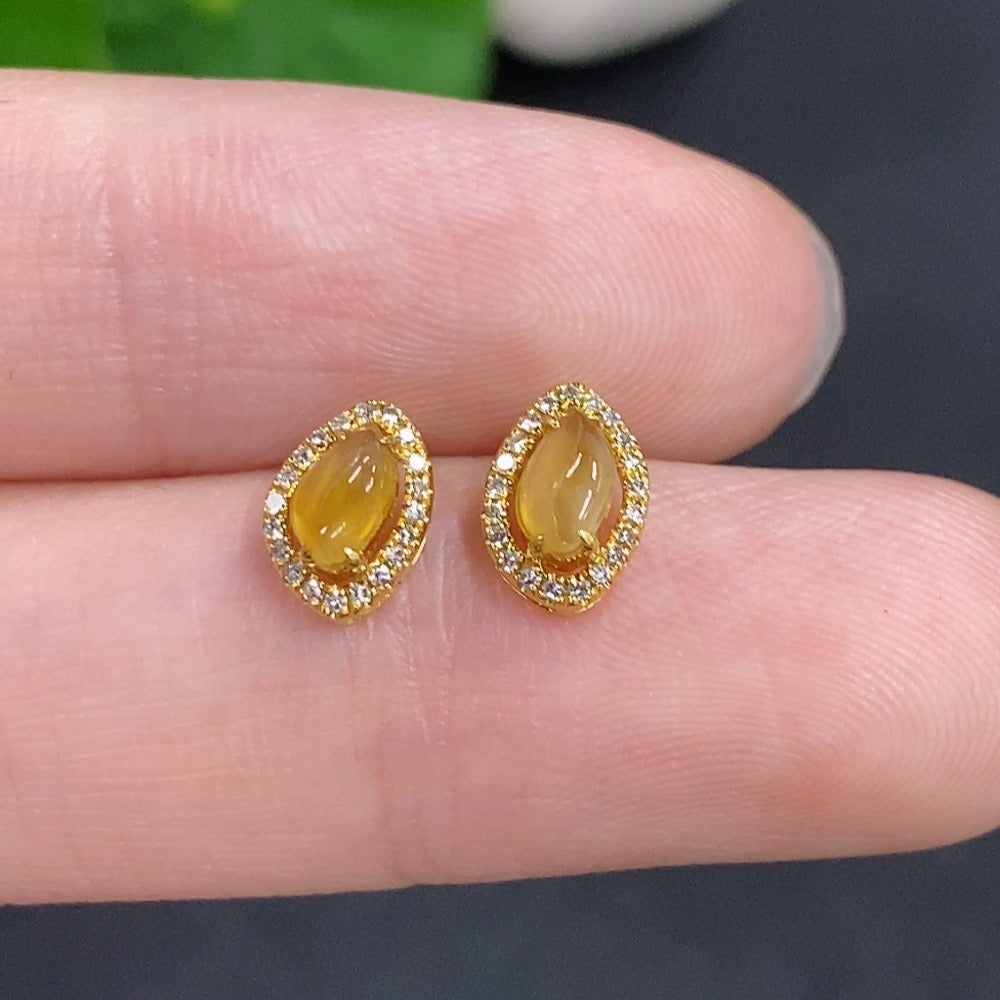 Jadeite Cabochon Stud Earrings 18k Gold Total Weight Approx. 1g Accented with Diamonds