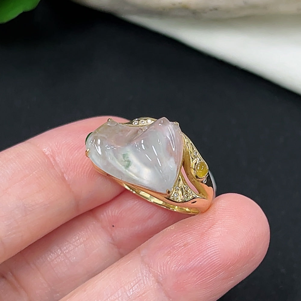 Jadeite inlaid ring with diamond accents in 18K gold, size 16, weighing approximately 4.1g, by HKHQ.